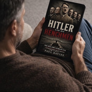 Puede incluir: Una tableta digital que muestra la portada del libro Hitler and His Henchmen de Paul Davies. La portada presenta un retrato grupal de hombres con uniformes militares sobre el título y la silueta de una persona caminando hacia un edificio.