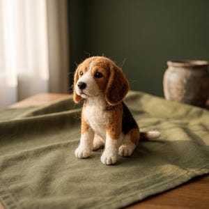 May include: A needle-felted beagle puppy figurine featuring a tri-color coat of white, tan, and black wool. The small dog is depicted in a seated position with floppy ears, a black nose, and dark eyes, crafted with a textured, fuzzy fiber finish.