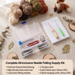 May include: A needle felting kit featuring wool roving in various earth tones, a fox figurine, a white foam mat, two felting needles, scissors, finger guards, and a storage box. Text reads: Complete All-inclusive Needle Felting Supply Kit.