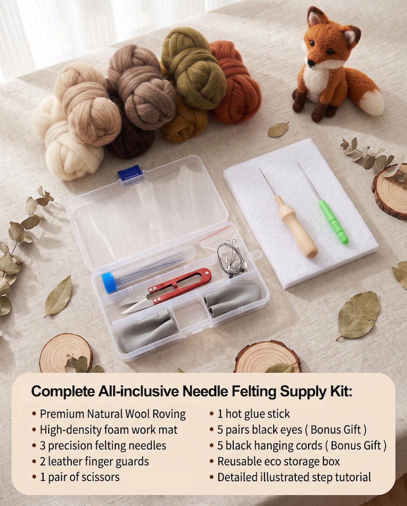 May include: A needle felting kit featuring wool roving in various earth tones, a fox figurine, a white foam mat, two felting needles, scissors, finger guards, and a storage box. Text reads: Complete All-inclusive Needle Felting Supply Kit.