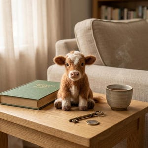 May include: A needle-felted brown and white calf figurine sits on a wooden table next to a green hardcover book, a small ceramic cup with steam rising from it, a vintage-style metal skeleton key, and a single round silver-colored coin.