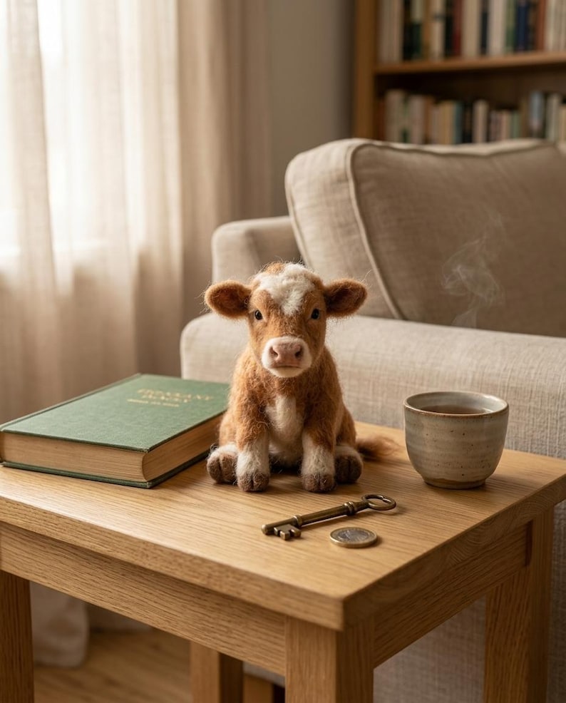 May include: A needle-felted brown and white calf figurine sits on a wooden table next to a green hardcover book, a small ceramic cup with steam rising from it, a vintage-style metal skeleton key, and a single round silver-colored coin.