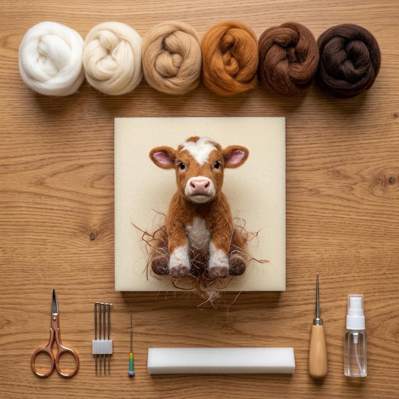 May include: A needle felted brown and white calf figurine sits on a square foam pad, surrounded by six balls of wool roving in shades of white, tan, and brown. Tools include metal scissors, a needle holder, a small awl, and a spray bottle.