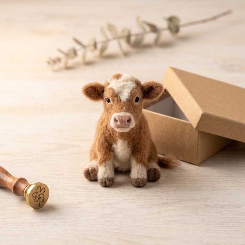 May include: A needle-felted brown and white calf figurine sits upright. The small animal has a white patch on its forehead and chest, dark eyes, and a pinkish nose. Beside it is an open cardboard box and a wooden wax seal stamp with a flower design.