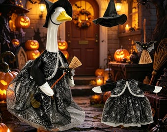 23 inch porch goose witch costume, black spiderweb dress, witch hat broom outfit, Halloween yard decor spooky goose outfit