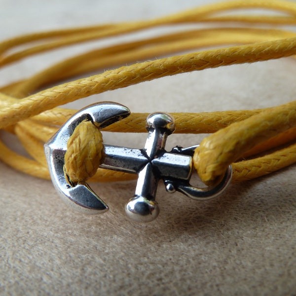 Woven Waxed Cotton Cord Wrap Bracelet with Silver Anchor featuring adjustable slip knot