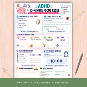 Pode incluir: Uma folha de planeamento imprimível ADHD 10-minute focus reset branca com ícones coloridos, sugestões de texto e caixas de verificação. O layout inclui secções para identificar distrações, escolher tarefas e um plano de 10 minutos.