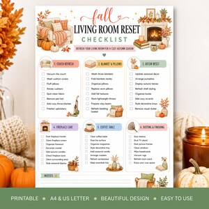 May include: A fall living room reset checklist featuring six sections: couch refresh, blanket and pillows, decor reset, fireplace care, coffee table, and dusting and finishing. The document includes illustrations of pumpkins, a fireplace, and cozy home decor.