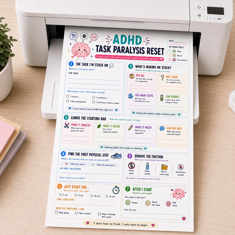 May include: A white paper sheet titled ADHD Task Paralysis Reset featuring a brain illustration, numbered sections from one to seven, checkboxes, and prompts to help manage tasks. The document includes colorful icons and text for task planning.