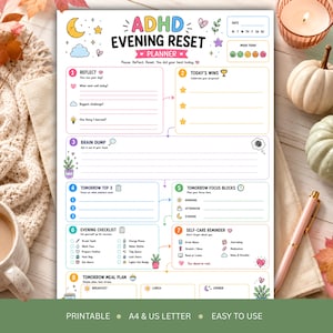 Può includere: Un foglio bianco per il planner ADHD Evening Reset con intestazioni colorate, icone e sezioni per la riflessione quotidiana, i successi, il brain dump, le priorità per domani, i blocchi di concentrazione e i promemoria di cura.