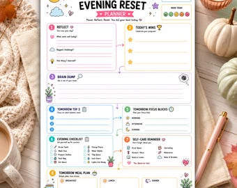 May include: A white ADHD Evening Reset Planner sheet featuring colourful headers, icons, and sections for daily reflection, wins, brain dump, tomorrow's top three tasks, focus blocks, an evening checklist, self-care reminders, and a meal plan.