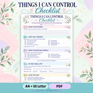 Può includere: Un documento di lista di controllo intitolato Things I Can Control Checklist con illustrazioni floreali, sezioni numerate da uno a cinque e caselle di controllo per monitorare preoccupazioni, azioni e risultati, inclusi suggerimenti testuali.