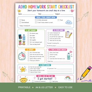 May include: A colorful ADHD Homework Start Checklist printable with sections for feelings, getting ready, picking tasks, starting, taking breaks, and keeping going. It features checkboxes, cute illustrations of a star, cloud, and water bottle, and lines for name, date, and subject.