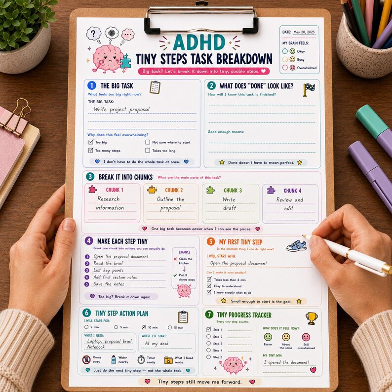 May include: A white paper task breakdown sheet titled ADHD Tiny Steps Task Breakdown on a wooden clipboard. The form includes sections for defining tasks, breaking them into chunks, and tracking progress with colorful icons, checkboxes, and lines.