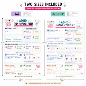 May include: Two ADHD Task Paralysis Reset printable planner sheets in A4 and US Letter sizes. The forms include sections for identifying tasks, lowering the starting bar, and tracking progress with checkboxes, icons, and text prompts in 300 DPI.