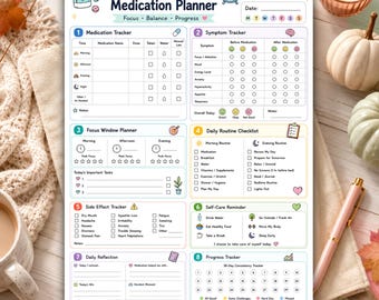 May include: A printable ADHD Medication Planner sheet featuring eight sections including a medication tracker, symptom tracker, focus window planner, daily routine checklist, side effect tracker, self-care reminder, daily reflection, and progress tracker.