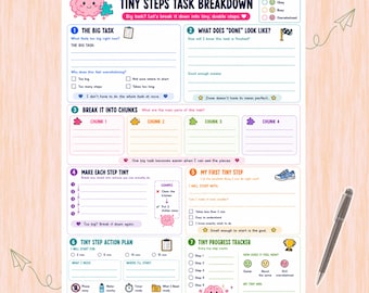 May include: A white ADHD task breakdown worksheet with colourful headers, icons, and text. It features sections for defining big tasks, breaking them into chunks, planning tiny steps, and tracking progress, with a black pen positioned to the right.