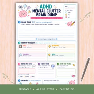 Può includere: Un foglio di lavoro bianco per lo svuotamento mentale ADHD con intestazioni e icone colorate. Le sezioni includono brain dump, ordinamento dei pensieri, rumore, parcheggio, visibilità e check-out. Include una matita e grafiche di aeroplanini di carta.