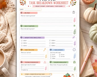 May include: An ADHD Task Breakdown Worksheet printed on white paper with autumn-themed leaf illustrations. The form includes sections for date, big task, why it matters, small steps, time estimates, roadblocks, and rewards, with text in English.