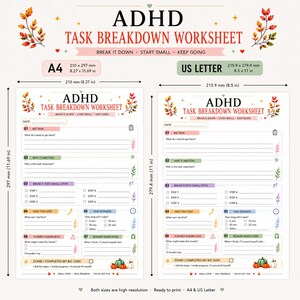 May include: An ADHD task breakdown worksheet available in A4 size measuring 210 by 297 mm and US Letter size measuring 8.5 by 11 inches. The printable document features sections for big tasks, time estimates, and rewards, decorated with autumn leaf motifs.