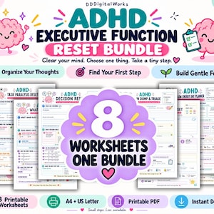 May include: A digital bundle featuring eight printable ADHD executive function worksheets. The design includes pink brain characters, colourful icons, and text such as ADHD Executive Function Reset Bundle, 8 Worksheets One Bundle, and Organize Your Thoughts.