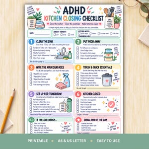 May include: A printed ADHD kitchen closing checklist on white paper with colorful illustrations and text. The document features six numbered steps for cleaning, including clearing the sink, putting food away, wiping surfaces, and trash management.