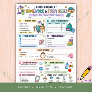 May include: A colorful ADHD-friendly homework and study reset planner sheet featuring nine numbered sections with illustrations of a desk, backpack, target, clock, and snacks. The document includes text prompts for organizing tasks, focus sessions, and breaks.