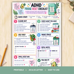 May include: A colourful ADHD fridge reset checklist printed on paper, featuring six numbered steps for organising a refrigerator. The document includes illustrations of an avocado, a refrigerator, and food containers, with text prompts for tracking tasks, grocery needs, and small wins.