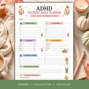 ADHD Student Daily Planner Printable, Executive Function Tool, College Study Organizer, A4 & US Letter