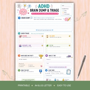 ADHD Brain Dump & Triage Worksheet, Executive Function Printable
