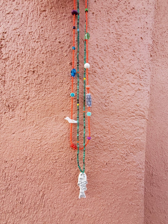Beaded Two Threads Necklace Indian Fish River . Navajo Beads  Necklace.american Indian Style. 