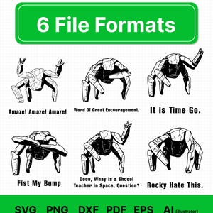 May include: A digital graphic set featuring six black and white illustrations of a rocky, multi-legged creature in various poses. Each illustration includes text: Amaze! Amaze! Amaze!, Word Of Great Encouragement., It is Time Go., Fist My Bump, Oooo, Whay is a Shcool Teacher in Space, Question?, and Rocky Hate This.