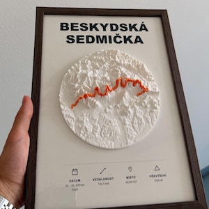 Op de afbeelding: Een ingelijste 3D-topografische kaart van het Beskydská Sedmička-gebergte in wit, met een opvallende oranje route. De print bevat de tekst Beskydská Sedmička, datum 28.-30. srpna 2026, afstand 100,5 km, locatie Beskydy en hoogteverschil 5300 m.