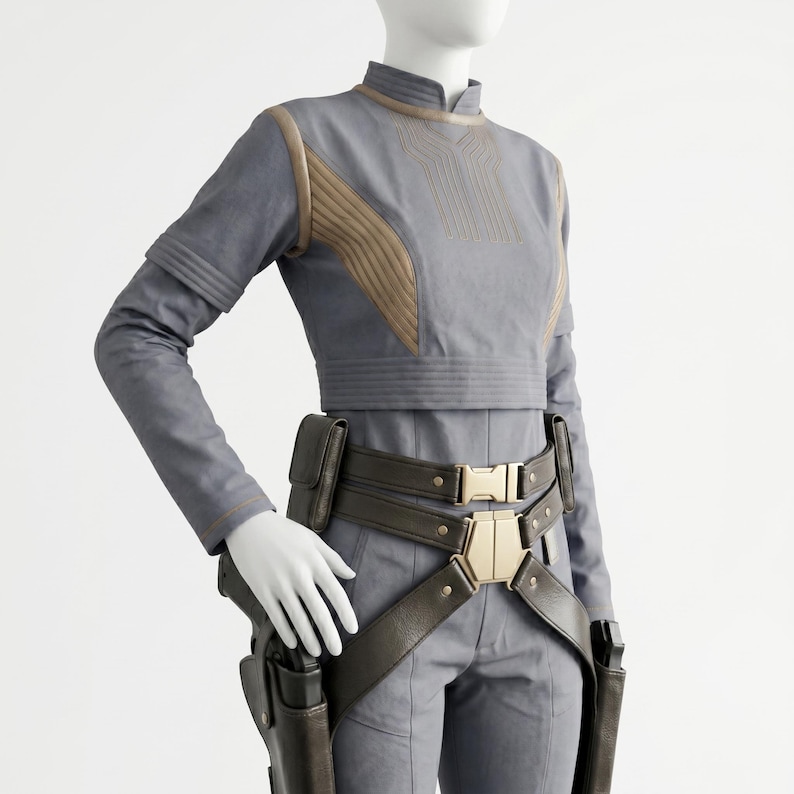 May include: A grey long-sleeved top with tan ribbed accents on the chest and shoulders, paired with matching grey trousers. A dark brown utility belt with a gold-toned buckle and two attached holsters is worn around the waist over the clothing.