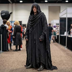 May include: A full-length black hooded cloak featuring a textured, layered fabric design with frayed edges and long sleeves. The garment drapes loosely over the body, extending to the floor, and is paired with dark, weathered leather boots.