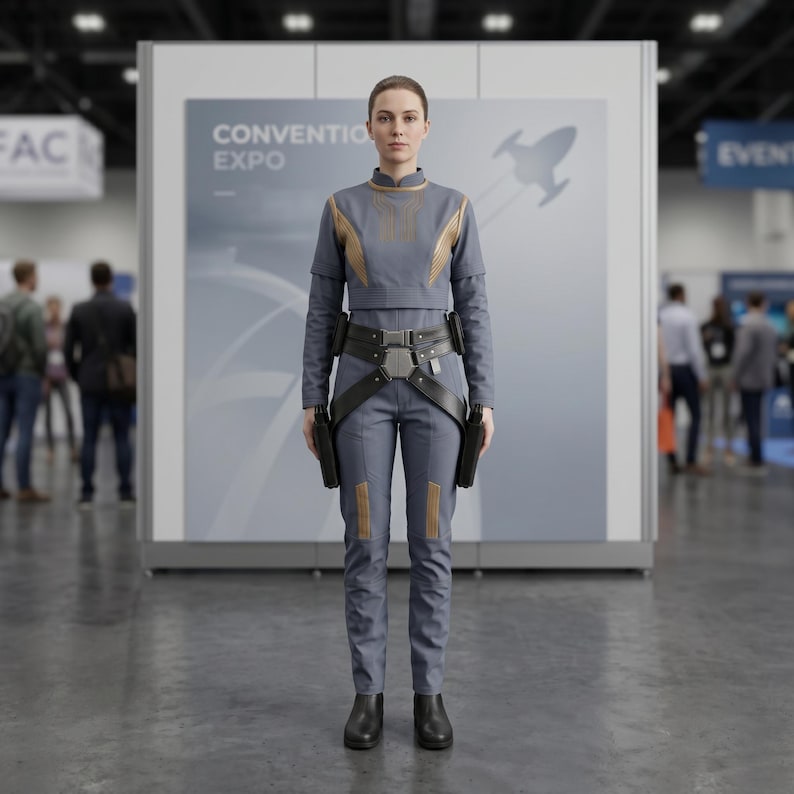 May include: A grey long-sleeved jumpsuit featuring a high collar, gold-toned linear accents on the chest and thighs, and a black utility belt with a central buckle and two side holsters. The garment is worn with black boots and has a fitted silhouette.