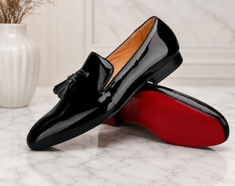 Black Patent Leather Loafers for Men, Handmade Tassel Loafers, Luxury Dress Shoes