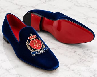 Handmade Custom Embroidered Velvet Loafers for Men | Royal Blue Personalized Wedding & Formal Dress Shoes