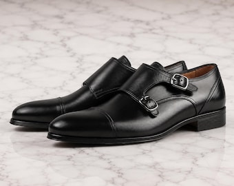 Handmade Black Double Monk Strap Shoes for Men | Luxury Leather Cap Toe Dress Shoes