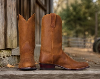 Handcrafted Brown Leather Cowboy Boots for Men, Western Pull-On Footwear, Vintage Ranch Riding Style