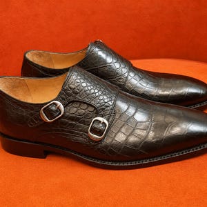 Handmade Men's Black Croc Embossed Double Monk Strap Shoes