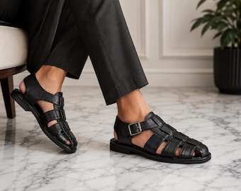 Handmade Black Leather Fisherman Sandals for Men | Closed Toe Summer Sandals