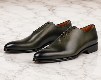Handmade Olive Green Wholecut Oxford Shoes for Men | Luxury Leather Dress Shoes