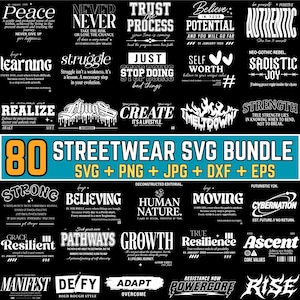 Może przedstawiać: Cyfrowa kolekcja 80 grafik w stylu streetwear z białymi napisami i ilustracjami na czarnym tle. Centralny baner zawiera tekst 80 STREETWEAR SVG BUNDLE SVG + PNG + JPG + DXF + EPS w kolorze pomarańczowym i białym.