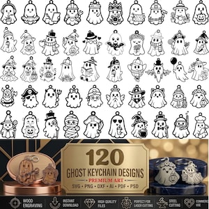 May include: A collection of 120 ghost keychain designs featuring various characters and accessories in black and white line art, with two physical wooden and metal examples displayed on pedestals below the text 120 GHOST KEYCHAIN DESIGNS.