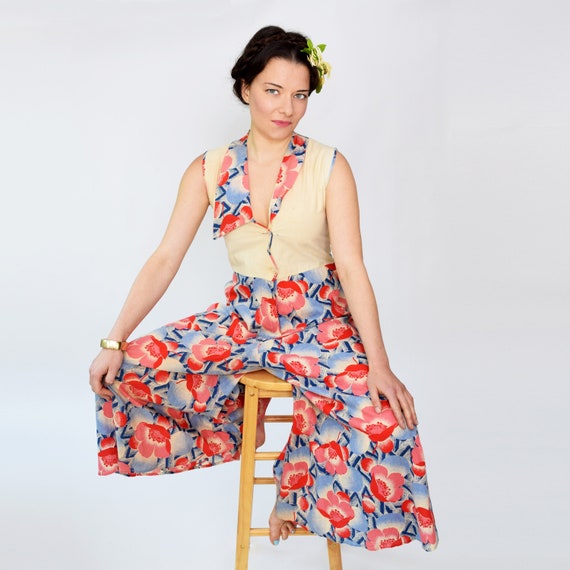 Vintage 1930s Art Deco Beach Pyjamas Pongee Cotton