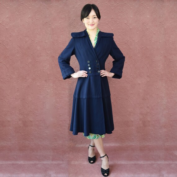 Vintage 1940s Princess Coat Navy Wool New Look 40s