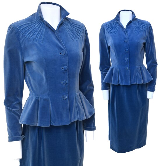 Vintage 1940s Suit Velvet Sapphire Blue Skirt Pepl