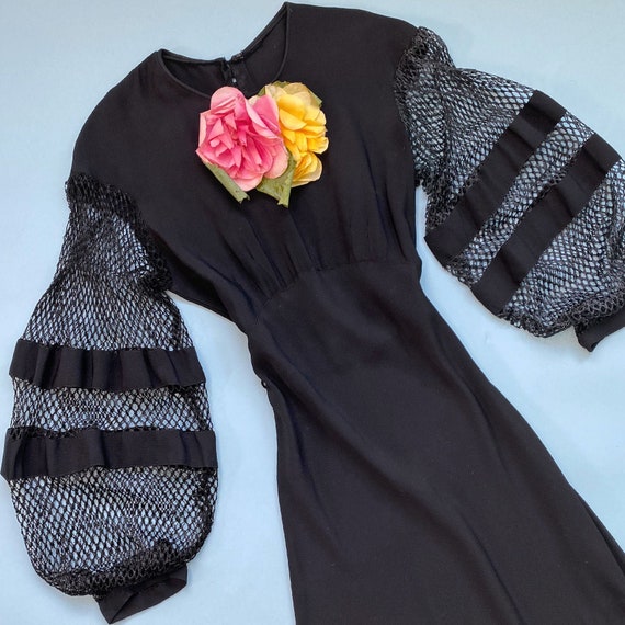 Vintage 1930s Dress Black Silk Crepe Fishnet Ballo