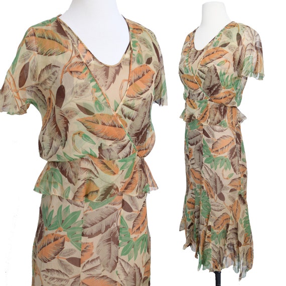 Vintage 1930s Dress Art Deco Print Silk Chiffon W